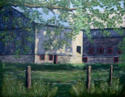 Barns in Sun and Shadow, Acrylic on textured canvas, 22" x 28", 2009 SOLD