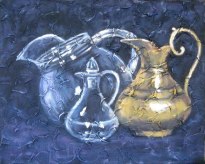 Trio of pitchers, acrylic on texturized canvas, 16" x 20", 2010, by Susan Hay