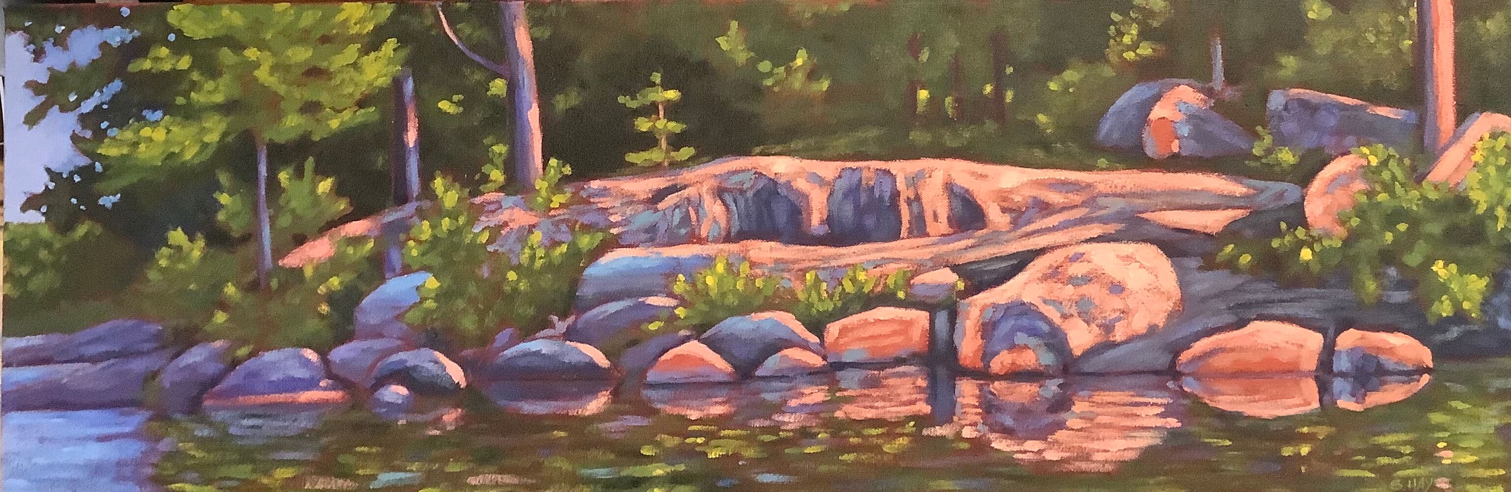 “Centre Lake on a sunny summer morning” 36 x 12”, acrylic on canvas