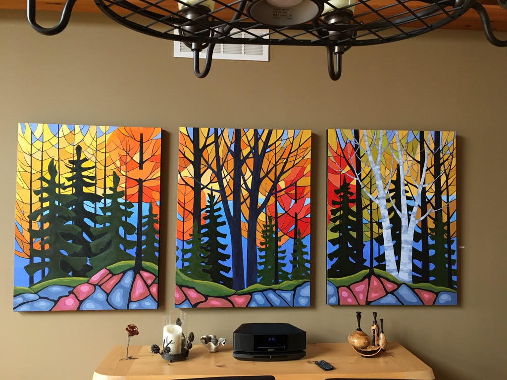 Looking out over Wenona Lake Abstract Triptych- acrylic on canvas. 3 panels, each 30 x 40”